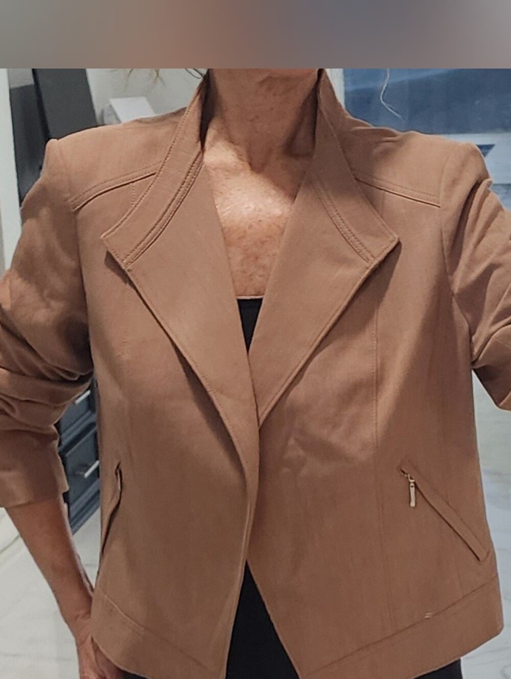 White House Black Market Women's Taupe Cropped Zip-Pocket Blazer